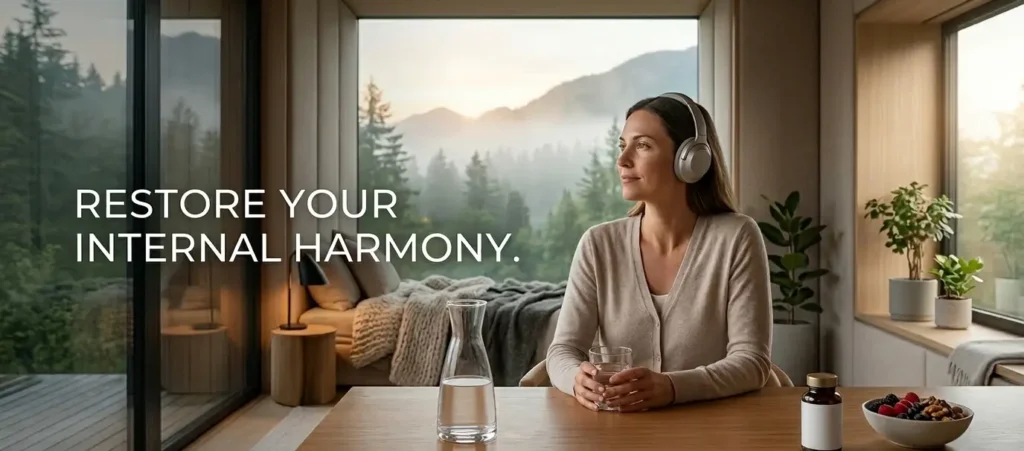 This image captures the essence of the "4 Pillars of Auditory Vitality." It features a woman in a tranquil, modern setting, wearing headphones while holding a glass of water to represent Precision Hydration. A visible bed and a calm, dim atmosphere in the background signify Neural Cleanup and Vascular Calm, respectively, while the nutrient-rich bowl of berries and nuts on the table illustrates Metabolic Stability.